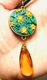 Polymer Clay Floral Sculpted Necklace -Orange and green flowers and citrine gems