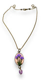 Polymer Clay Floral Sculpted Purple flowers and amethyst drop