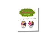 Colorful earrings on a Janine's Jewelry Design card with website URL.
