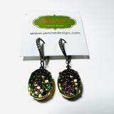 Funky Brass Glass Earrings - dotted design with reflective green, yellow and pink colors in an oval shape