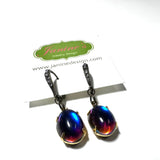 Glass Drop Earrings/ Blue -and pink reflective oval drops