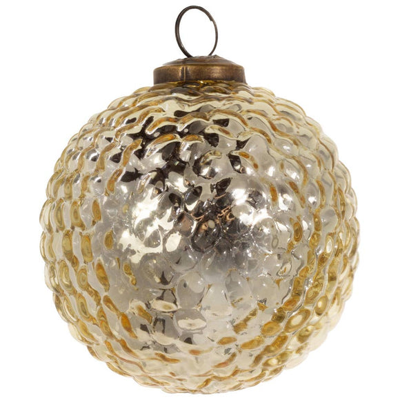 Decorative glass ball with gold and silver pattern on a white background