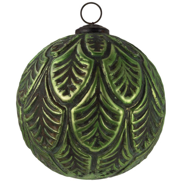 Decorative green ornament with leaf pattern on a white background