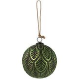 Green textured ornament with a hanging string on a white background