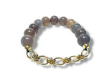 Stretch bracelet with large grey agate beads and gold chain. 