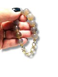 12mm grey agate stretch bracelet with fancy gold chain accent