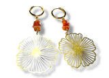 Pair of earrings with floral designs and orange beads on a white background
