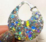 Holographic Glitter Earrings -teardrop shape glitter resin molded earrings-silver holographic earrings.