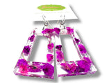 Triangular earrings with purple flowers on a white background