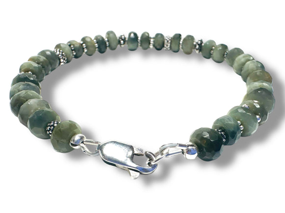 Green Jade rondelle beads with silver Bali  beads between