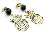 Gold pineapple-shaped earrings with green beads on a white background