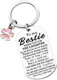 Keychain with a floral charm and sentimental message for a best friend on a white background