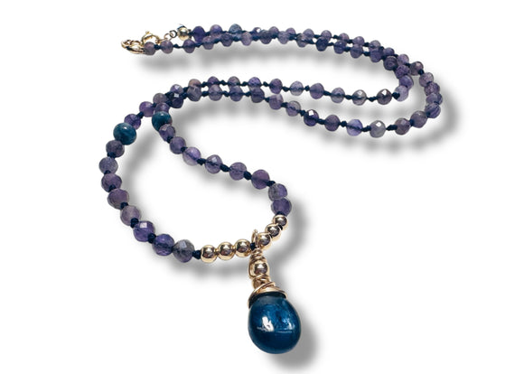 Necklace with blue beads and a pendant on a white background Kyanite and Amethyst Dainty Necklace 