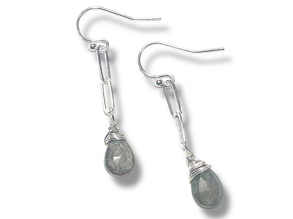 Silver earrings with teardrop-shaped stones on a white background-Labradorite and paperclip chain