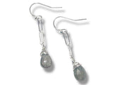 Silver earrings with teardrop-shaped stones on a white background-Labradorite and paperclip chain