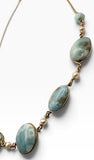 A close-up of a gold-tone necklace featuring light blue-green marbled stone beads, small white pearls, and a delicate gold chain on a white background.