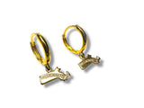 Gold hoop earrings with 'Massachusetts' charms on a white background