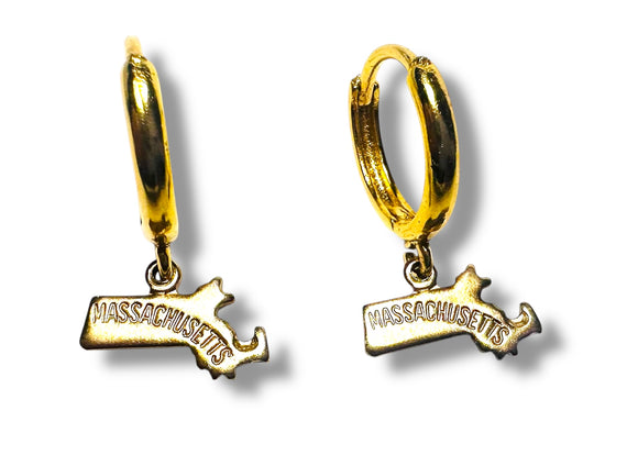 Gold hoop earrings with 'Massachusetts' tag on a white background