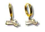 Gold hoop earrings with 'Massachusetts' tag on a white background