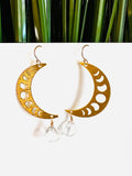 Moon Phase Earrings/Brass Gemstone Moon Earrings/Golden Moon Earrings - Janine Design
