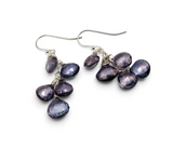 A pair of silver drop earrings featuring faceted, teardrop-shaped dark purple and blue gemstones wrapped in delicate silver wire, shown on a plain white background.