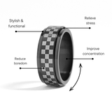 Checkered ring with text indicating its benefits on a white background