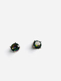 A pair of oval stud earrings with iridescent dark green and purple opal-like centers set in dark metal prong settings, shown on a light gray background.