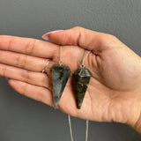Sapphire & Sage - Labradorite Crystal Pendulum - shown in palm of hand
