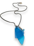 Dream Sea Glass Necklace -seaglass necklace in blue with dream etched onto it and a sterling dolphin charm