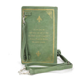 Green book-shaped pouch with decorative elements and a quote on a white background