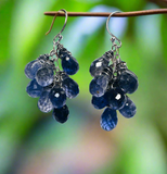 Pair of blue Iolite beaded earrings on a blurred green background