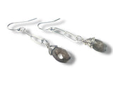 Silver earrings with gray beads on a white background
