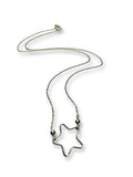 Silver star-shaped pendant on a chain against a white background