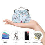 Small floral-patterned purse held in a hand with icons of card, key, lipstick, and change coins below.