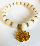 Gemstone Stretch Bracelet- White - gold lotus Budda charm