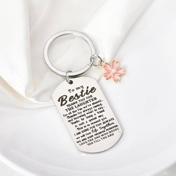 Keychain with a tag reading 'To my Bestie' on a white background
