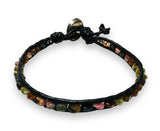 Wrap Bracelet, Power Gemstone Leather Bracelet, Single leather wrap gemstone bracelet-Power Bracelet - Tourmaline 3x5mm Disk Beads 8”