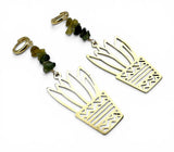 Tourmaline Plant Earrings. Gold earrings with greenstone beads on a white background