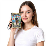 Woman holding a book with a colorful cover against a white background