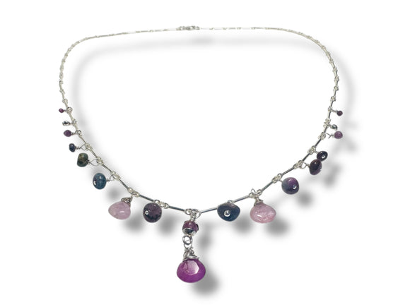  Watermelon Tourmaline necklace Sterling Silver bar chain. Dainty drops of different sizes of wire wrapped tourmaline beads.