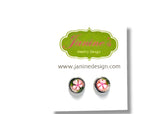 Flower-themed earrings on a Janine's Jewelry Design card with a white background
