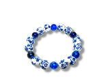 Toile Pattern Ceramic and Glass Stretch Bracelet in blue and white