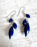 Lapis Gemstone Earrings, Cascade Chain Earrings -blue marquise shaped various size lapis lazuli beads wire wrapped onto chain and earwires.
