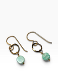 A pair of handmade dangle earrings featuring textured light green stone beads and hammered gold-tone metal components, displayed on a clean white background.