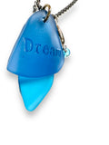 Dream Sea Glass Necklace -seaglass necklace in blue with dream etched onto it and a sterling dolphin charm