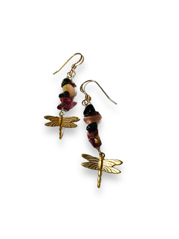 Dragonfly Earrings/Tourmaline Gemstone Earrings/Golden Dragonfly Earrings