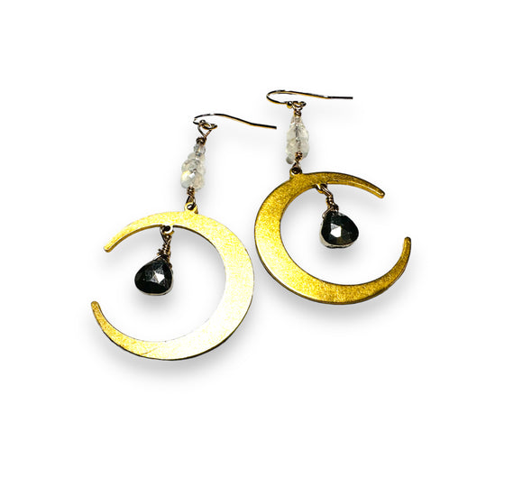 Moon Earrings/Brass Gemstone Moon Earrings/Golden Moon Earrings - Janine Design