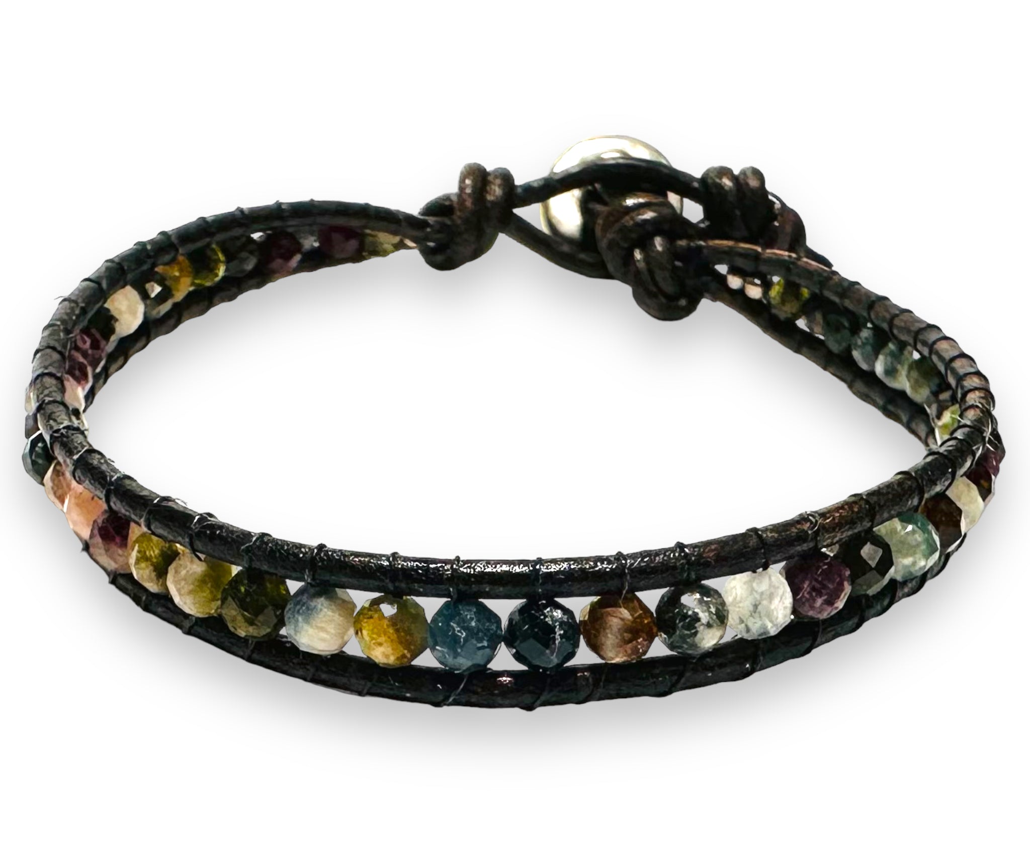 Single leather wrap bracelet with gemstone beads