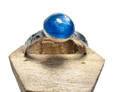 Kyanite Hammered Band Ring, Silver Band Ring with blue stone set in the center.