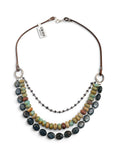 A multi-strand necklace featuring three tiers: a top brown leather cord, a middle dark gray beaded chain, and a bottom tier of round natural stone beads in earthy green, brown, and gray. A small white tag is attached near the clasp.